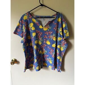Kim Rogers Blue Lemon Floral Print Cotton V-Neck Short Sleeve Tee Shirt 2X